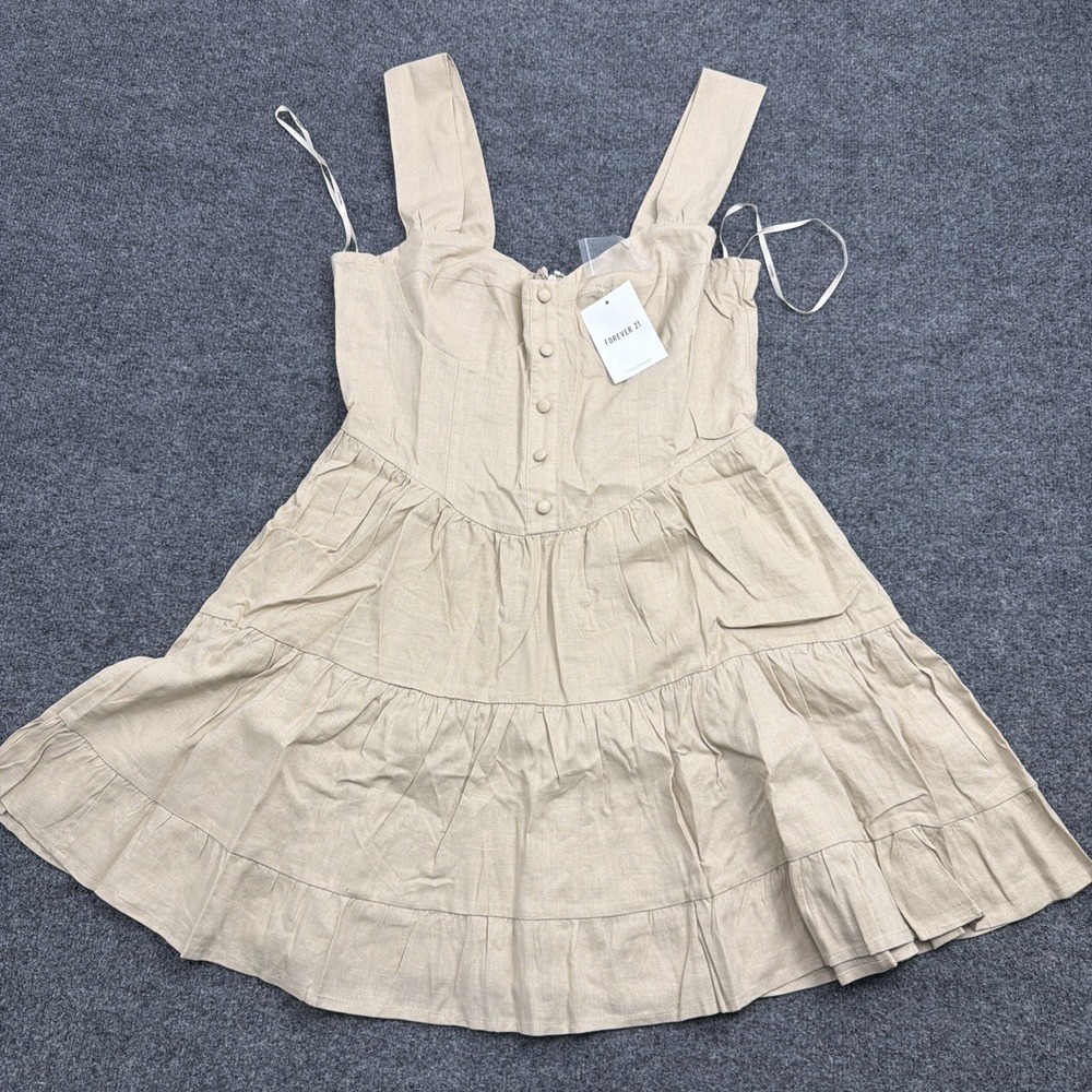 Forever 21 Linen Blend Tiered Mini Dress Womens M NWT Beige Button Front Cami